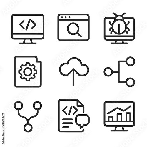 Coding Workflow Icons. Outline icon set of coding workflow: coding, testing, debugging, compiling, deploying, version control,
