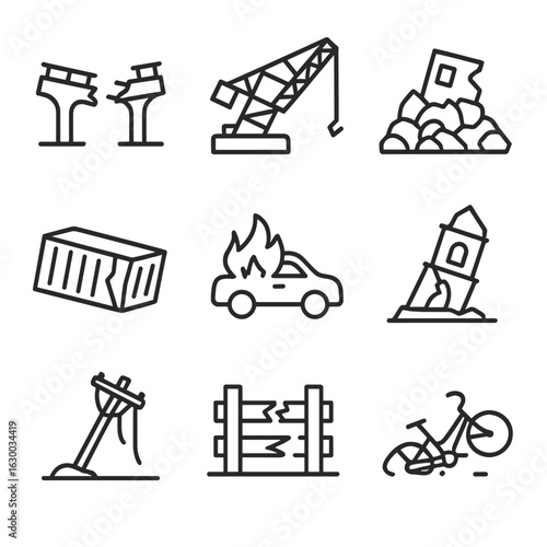 Disaster Wreckage Icons. Outline icon set of disaster wreckage: destroyed bridge, toppled crane, rubble pile, damaged container,