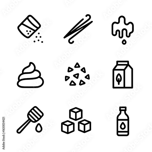 Coffee Add-on Icons. Outline icon set of favorite coffee add-ons: cinnamon powder, vanilla bean, caramel drizzle, whipped cream,