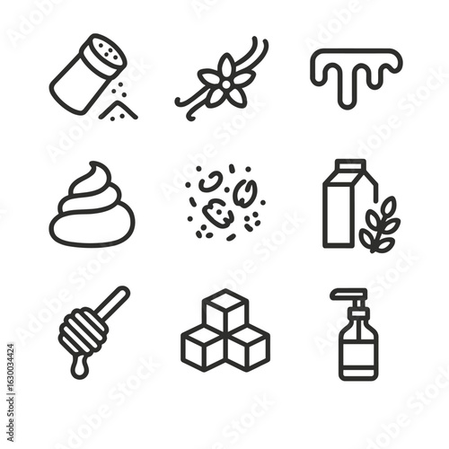 Coffee Add-on Icons. Outline icon set of favorite coffee add-ons: cinnamon powder, vanilla bean, caramel drizzle, whipped cream,
