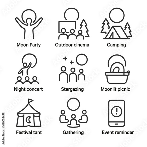 Moon Event Icons. Outline icon set of full moon events: moon party silhouette, outdoor cinema under moon, camping tent and moon,