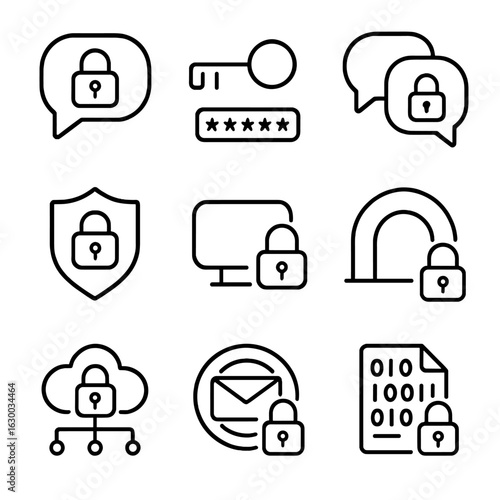 Encrypted Chat Icons. Outline icon set of encrypted chat security: chat lock, encryption key, secure