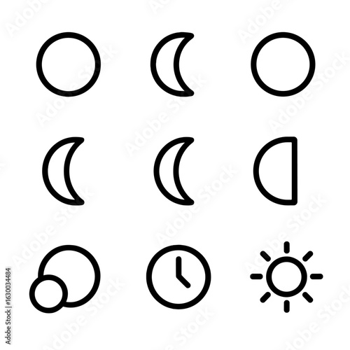Moon Phase Icons. Outline icon set of moon phases and time: new moon, waxing moon, full moon, waning moon, crescent moon, half