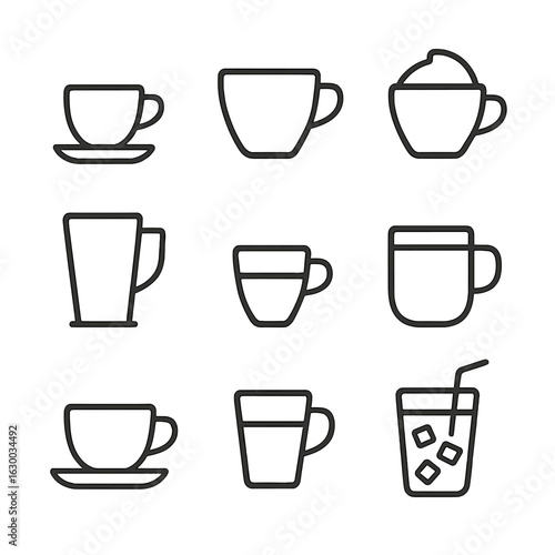 Coffee Drink Icons. Outline icon set of coffee drinks: espresso shot, americano cup, cappuccino cup, latte glass, macchiato, mocha