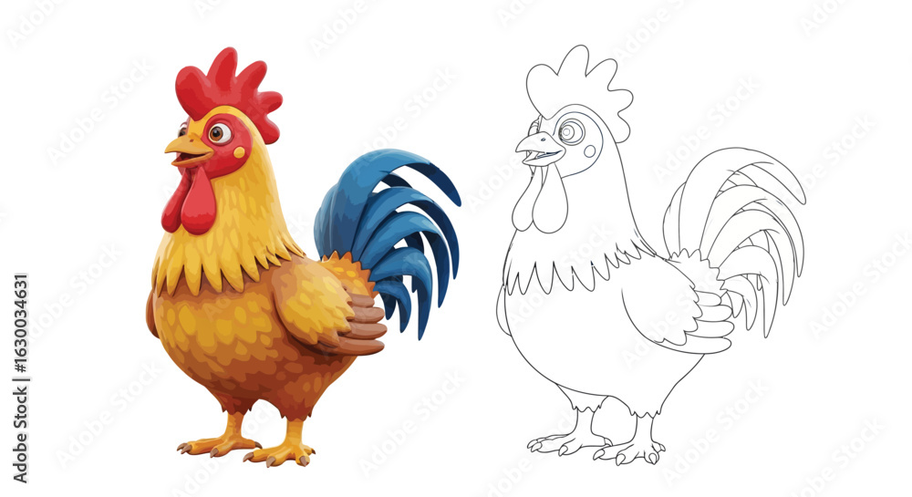 Fototapeta premium Playful Rooster Cartoon Coloring Page for Kids Cheerful Farm Bird Character Art
