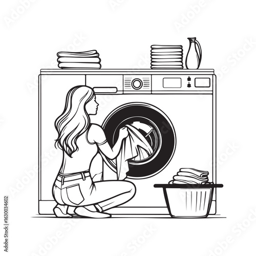 Cartoon vector illustration of a woman washing clothes using a washing machine at home isolated on a white background