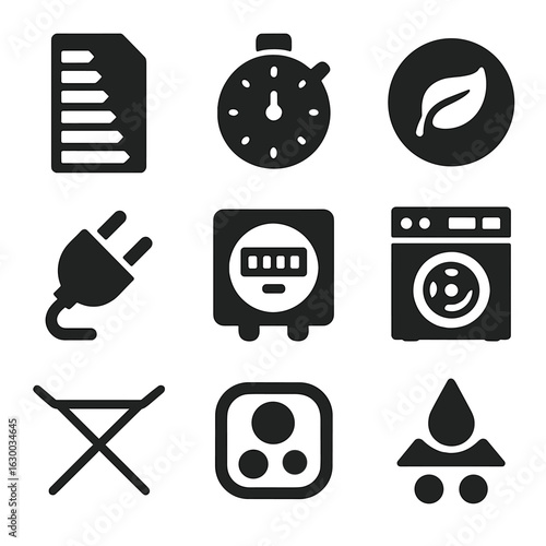 Energy Efficiency Icons. Solid, filled icons set of energy efficiency and dryer use: energy label, timer, eco