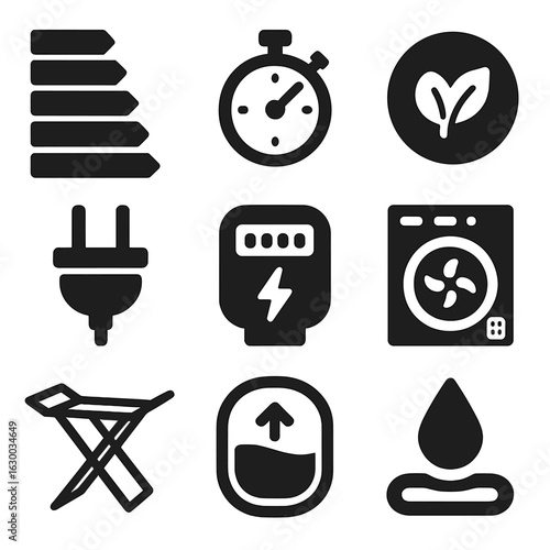 Energy Efficiency Icons. Solid, filled icons set of energy efficiency and dryer use: energy label, timer, eco