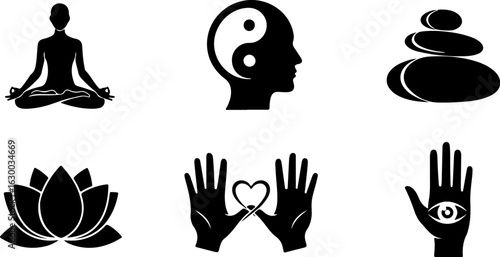 Vector art of collection of spiritual and wellness icons isolated on white background