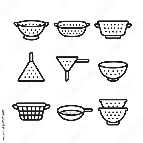 Colander Icon Set. Outline icon set of colander shapes: round colander, oval colander, square colander, cone colander, funnel