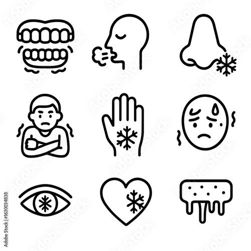 Cold Sensations Icons. Outline icon set of cold sensations: chattering teeth, frosty breath, frozen nose, shivering person,