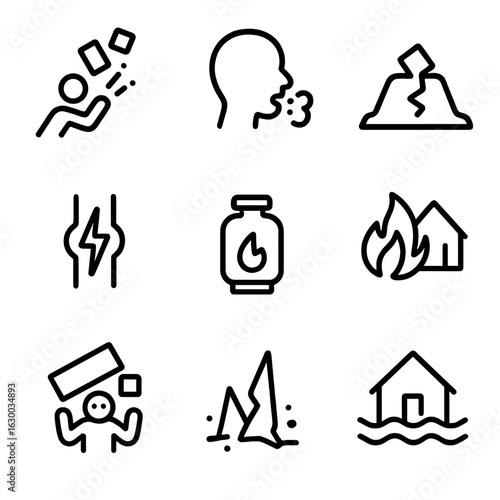 Collapse Hazard Icon Set. Outline icon set of collapse hazards: falling objects, dust inhalation, unstable ground, electrical