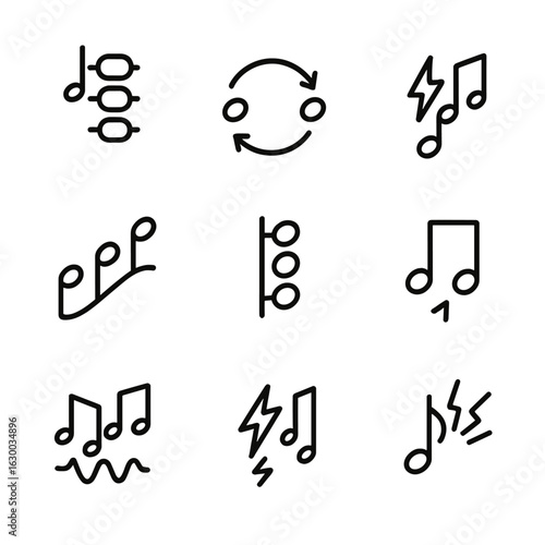 Dissonance Icon Set. Outline icon set of dissonance in harmony: unresolved seventh chord, tension release, harmonic clash, tension