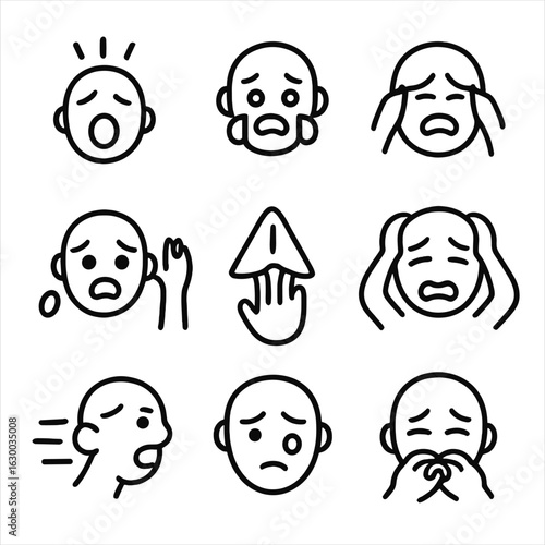 Distress Icon Set. Outline icon set of cry in distress: scream, panic tears, anxiety cry, cry for help, distress signal, hands on
