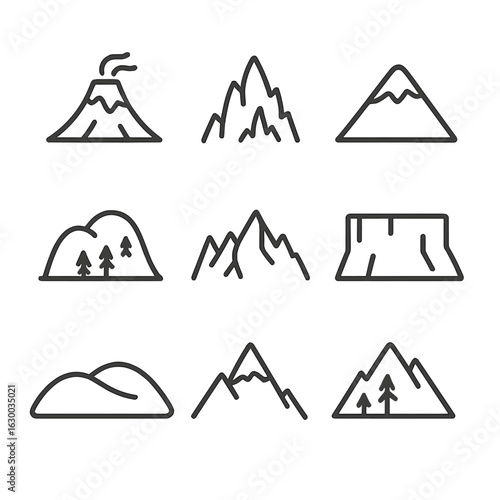 Mountain Icon Set. Outline icon set of mountain types: volcanic mountain, limestone peak, snowy mountain, forested hill, jagged