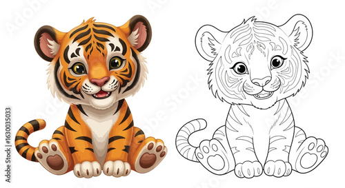Side by Side Cartoon Tigers 3D Look Coloring Page for Kids Jungle Animals
