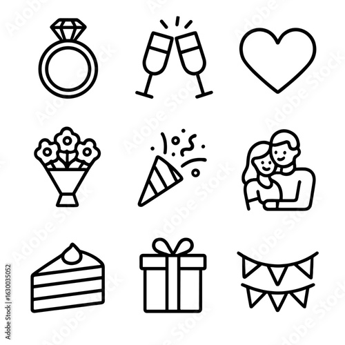 Engagement Celebration Icons. Outline icon set of celebrating engagements: ring with gem, champagne toast,