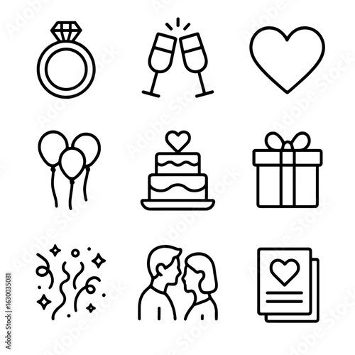 Engagement Celebration Icons. Outline icon set of celebrating love through engagement parties: engagement ring