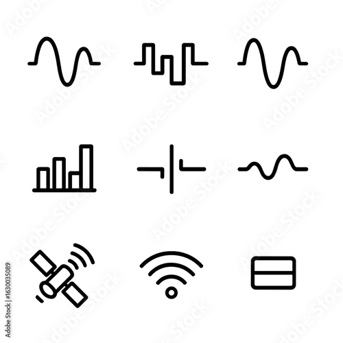 Diverse Signal Icons. Outline icon set of downlink signal types: analog signal, digital signal, modulated wave, frequency band,