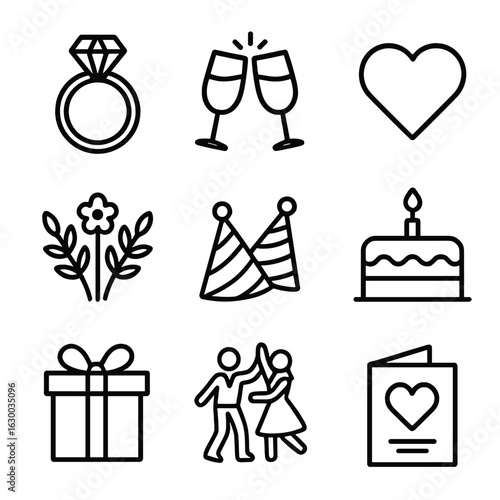 Engagement Celebration Icons. Outline icon set of engagement celebrations: diamond ring, clinking glasses,