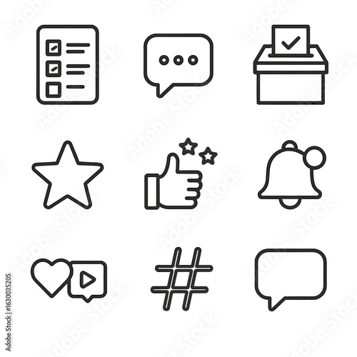 Engagement Tools Icons. Outline icon set of engagement tools: survey form, live chat, poll box, feedback star,