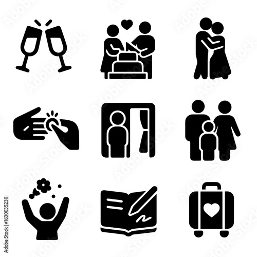 Engagement Tradition Icons. Solid, filled icons set of engagement traditions: toast, cake cutting, dance,