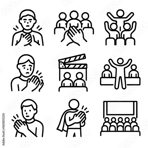 Movie Applause Icons. Outline icon set of clap in movies: dramatic clap, applause scene, standing ovation, emotional reaction,
