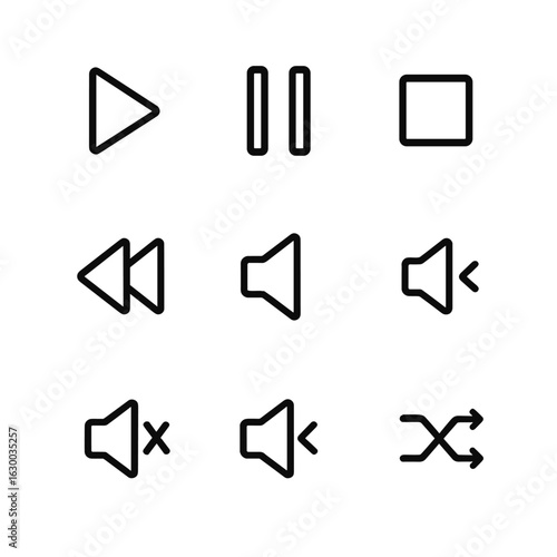 MP3 Control Icons. Outline icon set of MP3 playback controls: play, pause, stop, fast forward, rewind, volume up, volume down,