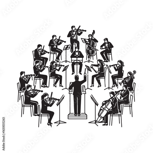 Cartoon style vector illustration depicting a colossal classical music performance with a large orchestra on stage isolated on a white background