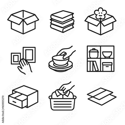 Moving Day Icons. Outline icon set of moving day unpacking: open box, stack books, unbox decor, hang frames, place kitchenware,