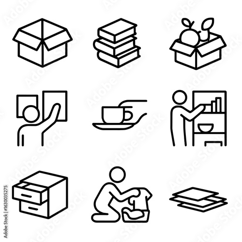 Moving Day Icons. Outline icon set of moving day unpacking: open box, stack books, unbox decor, hang frames, place kitchenware,