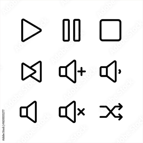 MP3 Control Icons. Outline icon set of MP3 playback controls: play, pause, stop, fast forward, rewind, volume up, volume down,