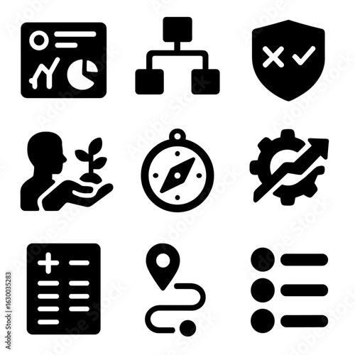 Entrepreneurial Icons Grid. Solid, filled icons set of entrepreneurial decision making: data dashboard,