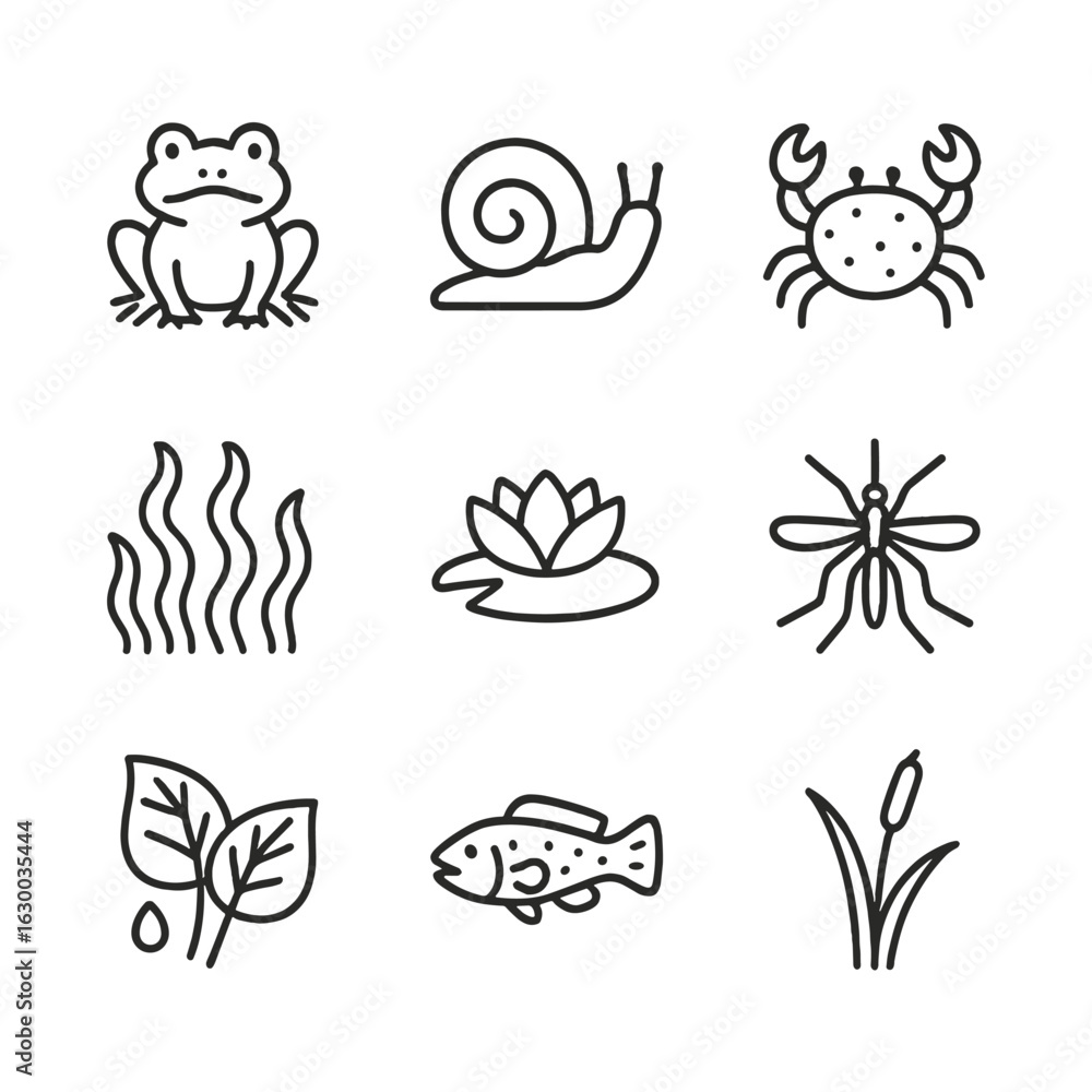 Fototapeta premium Mud Creatures Icon Set. Outline icon set of mud creatures and plants: frog, snail, mud crab, algae, water lily, mosquito, wet