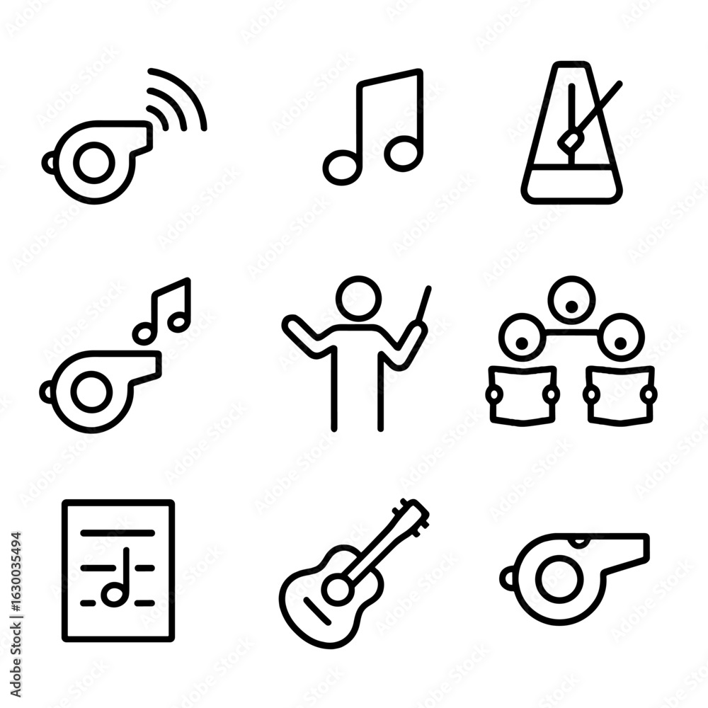 Fototapeta premium Music Icon Set. Outline icon set of whistle in music: sound, melody, note, tempo, metronome, conductor, choir, music score,