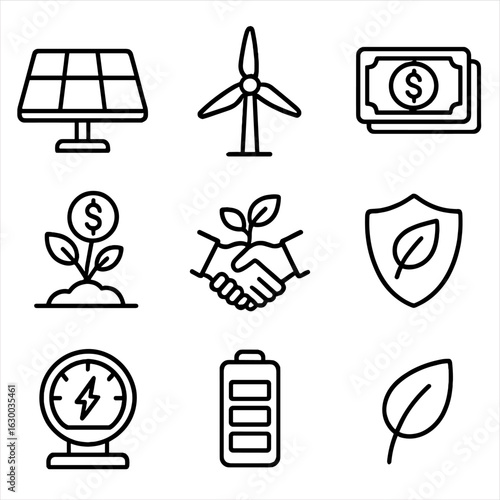 Environmental Funding Icons. Outline icon set of environmental funding: solar cell, wind turbine, dollar bills