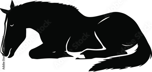 Vector art of a black horse is lying down in a relaxed position on a light background in a vector illustration