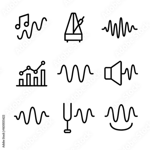 Music Frequency Icons. Outline icon set of frequency in music: beat frequency, tempo frequency, pitch frequency, frequency