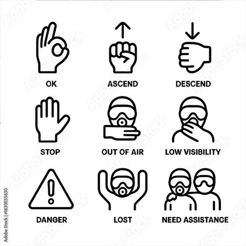 Diving Signals Icons. Outline icon set of diving signals: OK sign, ascend signal, descend signal, stop sign, out of air, low