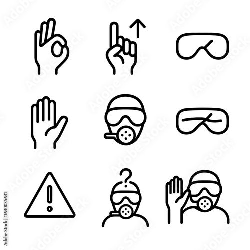Diving Signals Icons. Outline icon set of diving signals: OK sign, ascend signal, descend signal, stop sign, out of air, low