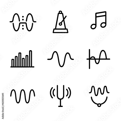 Music Frequency Icons. Outline icon set of frequency in music: beat frequency, tempo frequency, pitch frequency, frequency