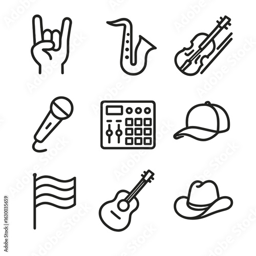 Music Genre Icons. Outline icon set of music genres: rock, jazz, classical, pop, electronic, hip hop, reggae, blues, country. Line