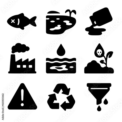 Environmental Impact Icons. Solid, filled icons set of environmental impact: dead fish, polluted lake,
