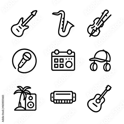 Music Genre Icons. Outline icon set of music genres: rock, jazz, classical, pop, electronic, hip hop, reggae, blues, country. Line
