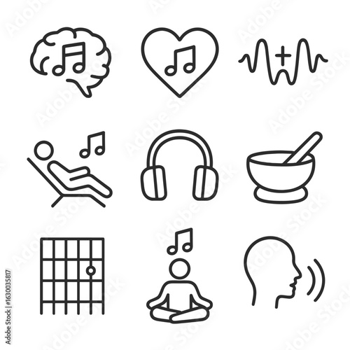 Music Therapy Icons. Outline icon set of music therapy: brain with music note, heart with music note, healing sound wave,