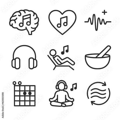 Music Therapy Icons. Outline icon set of music therapy: brain with music note, heart with music note, healing sound wave,