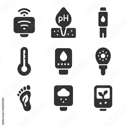 Environmental Sensor Icons. Solid, filled icons set of environmental monitoring: air quality sensor, soil pH