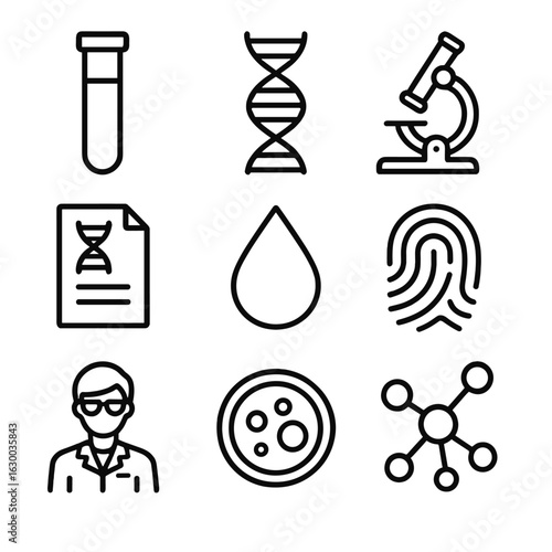 DNA Testing Icons. Outline icon set of lineage and DNA testing: test tube, DNA helix, lab microscope, genetic report, blood sample