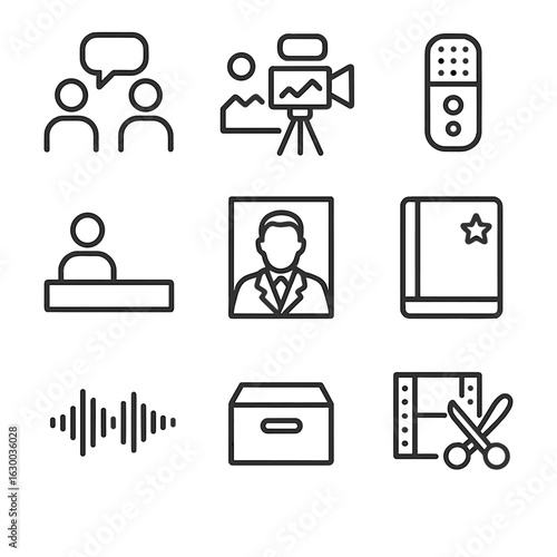 Documentary Shorts Icons. Outline icon set of documentary shorts: interview icon, b-roll shot, audio recorder, lower third title,