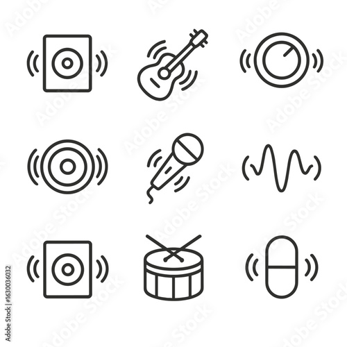Musical Vibration Icons. Outline icon set of shake music and sound: vibrating speaker, shaking guitar, tremolo effect, bass